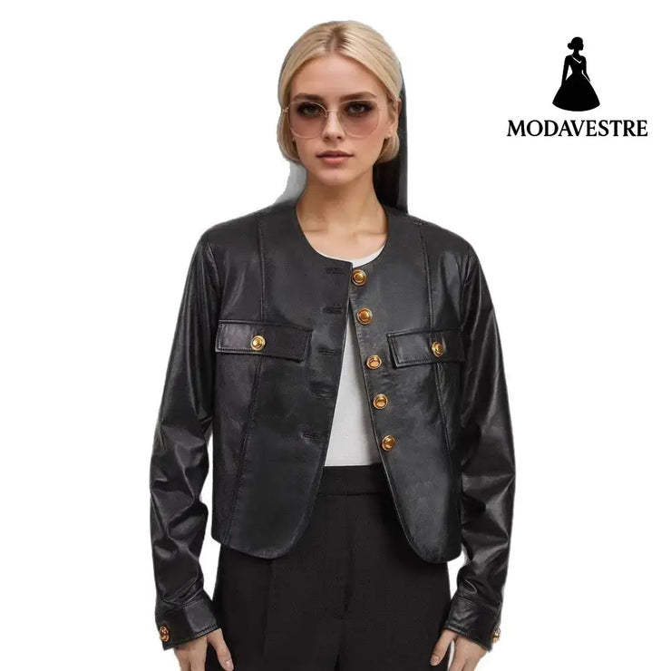 Round Neck Metal Buckle Embellished Short PU Leather Jacket Jacket