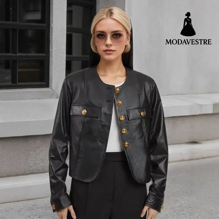 Round Neck Metal Buckle Embellished Short PU Leather Jacket Black / L Jacket