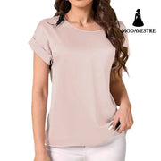 Round Neck Solid Color Smooth Surface Short Sleeve Loose