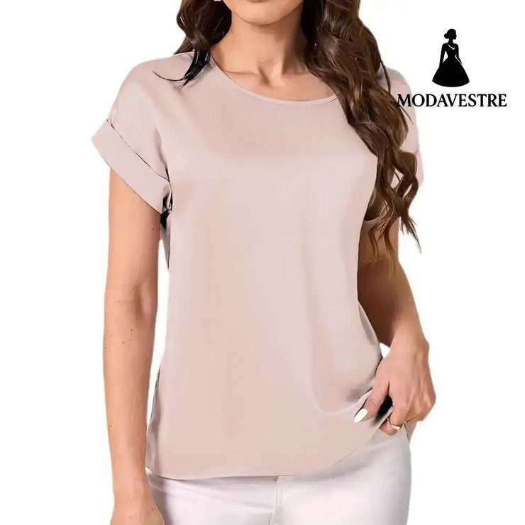 Round Neck Solid Color Smooth Surface Short Sleeve Loose