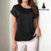 Round Neck Solid Color Smooth Surface Short Sleeve Loose Black / 1XL