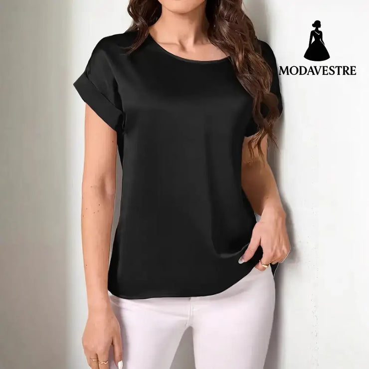 Round Neck Solid Color Smooth Surface Short Sleeve Loose Black / 1XL