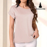 Round Neck Solid Color Smooth Surface Short Sleeve Loose Champagne / 1XL