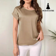 Round Neck Solid Color Smooth Surface Short Sleeve Loose Khaki / 1XL