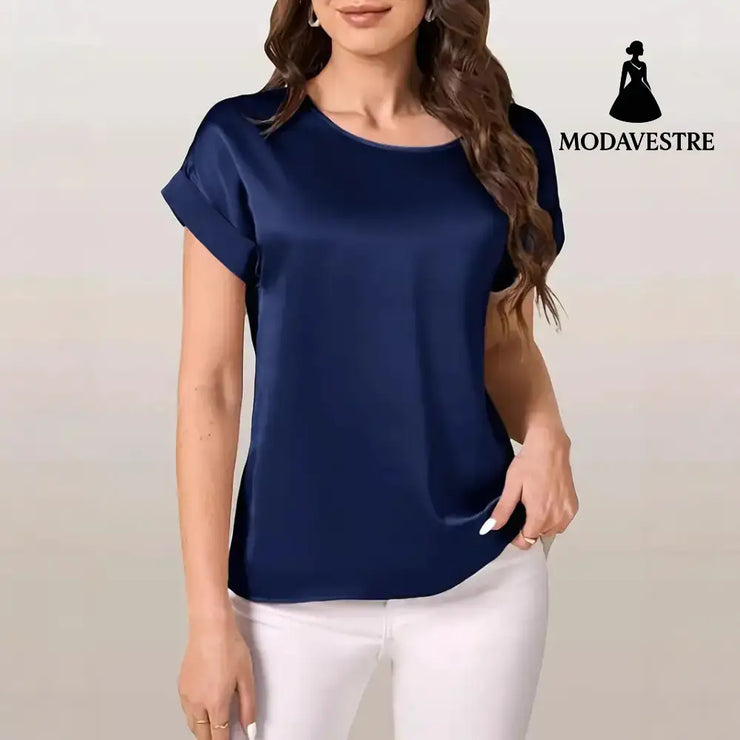 Round Neck Solid Color Smooth Surface Short Sleeve Loose Navy Blue / 1XL