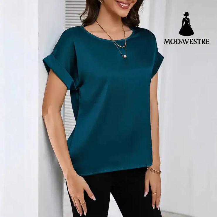 Round Neck Solid Color Smooth Surface Short Sleeve Loose Peacock Green / 1XL