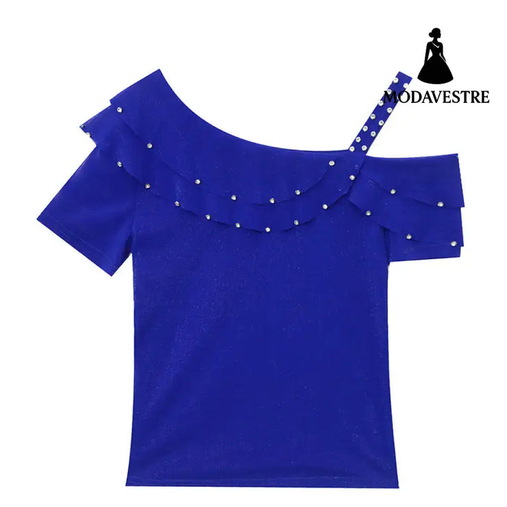 Ruffled Short Sleeves Off-the-shoulder Filamentation Top