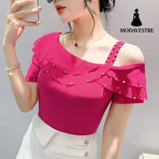 Ruffled Short Sleeves Off-the-shoulder Filamentation Top