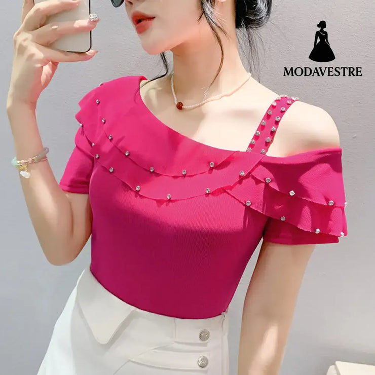 Ruffled Short Sleeves Off-the-shoulder Filamentation Top