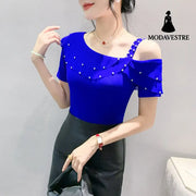 Ruffled Short Sleeves Off-the-shoulder Filamentation Top