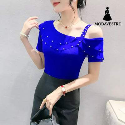 Ruffled Short Sleeves Off-the-shoulder Filamentation Top