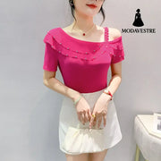 Ruffled Short Sleeves Off-the-shoulder Filamentation Top