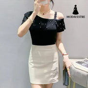 Ruffled Short Sleeves Off-the-shoulder Filamentation Top