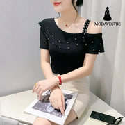 Ruffled Short Sleeves Off-the-shoulder Filamentation Top Black / 2XL