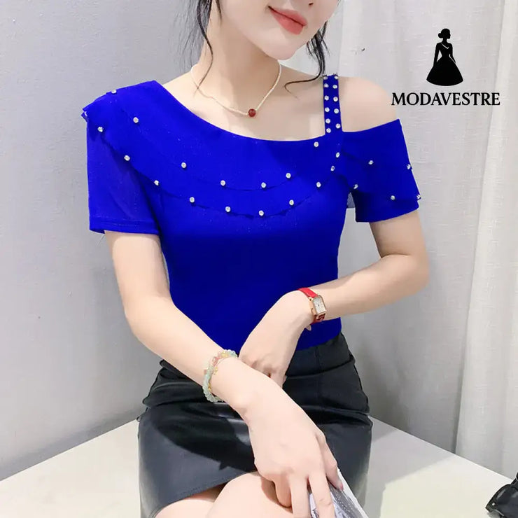 Ruffled Short Sleeves Off-the-shoulder Filamentation Top Blue / 2XL