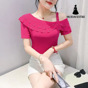 Ruffled Short Sleeves Off-the-shoulder Filamentation Top Rose Red / 2XL