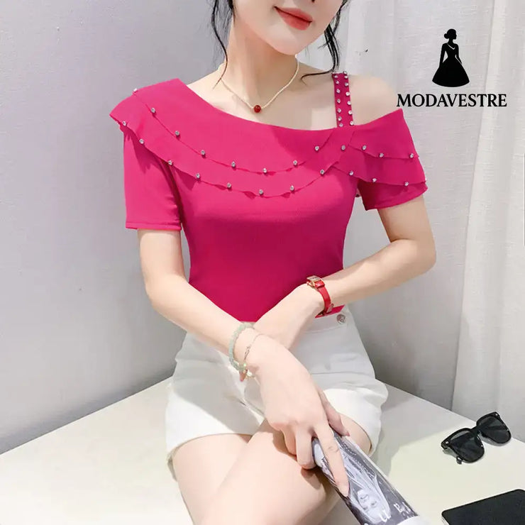 Ruffled Short Sleeves Off-the-shoulder Filamentation Top Rose Red / 2XL