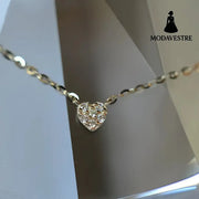 S925 pure silver plated with 14K gold mini heart necklace women’s diamond studded peach heart extremely fine collarbone