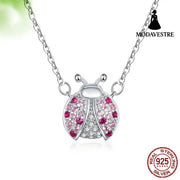 S925 Sterling Silver Necklace for Women Plated with White Gold Cute Pink Ladybug Pendant Necklace Sterling Silver 925