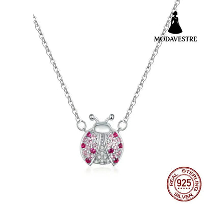 S925 Sterling Silver Necklace for Women Plated with White Gold Cute Pink Ladybug Pendant Necklace Sterling Silver 925