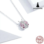 S925 Sterling Silver Necklace for Women Plated with White Gold Cute Pink Ladybug Pendant Necklace Sterling Silver 925
