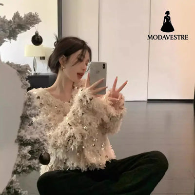 Sequin Design Sense Elegant Knitwear Women Beige Sequins / Free Size