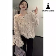 Sequin Design Sense Elegant Knitwear Women Beige Sequins / Free Size