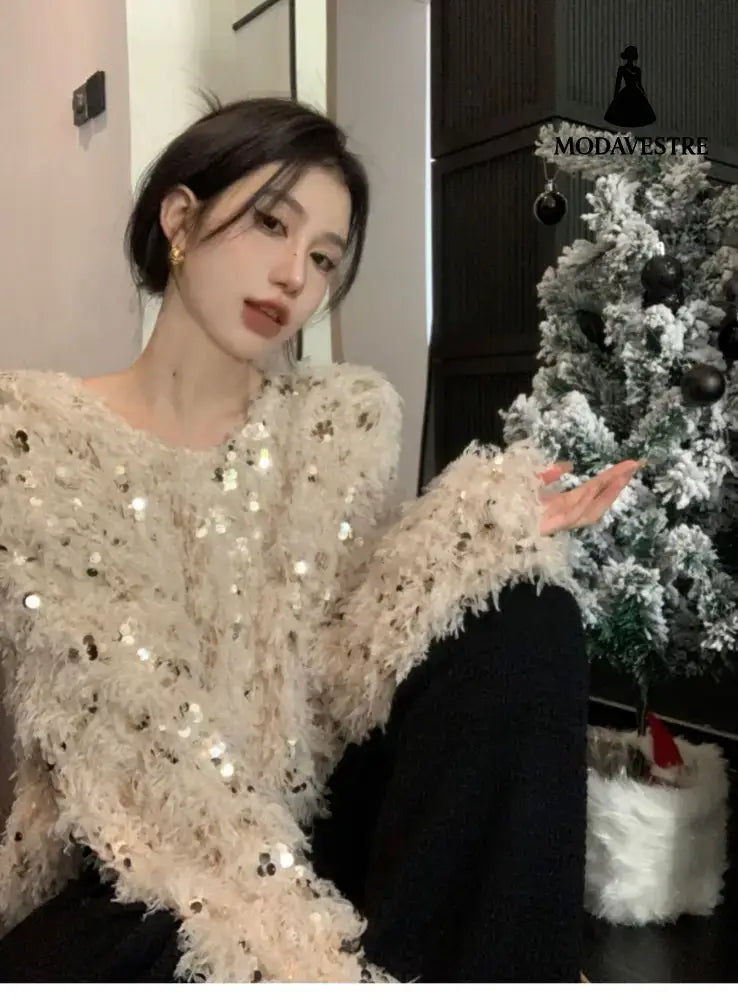 Sequin Design Sense Elegant Knitwear Women Beige Sequins / Free Size