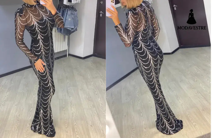 Sequins Women Maxi Dresses Long Sleeve Female Party Dresses