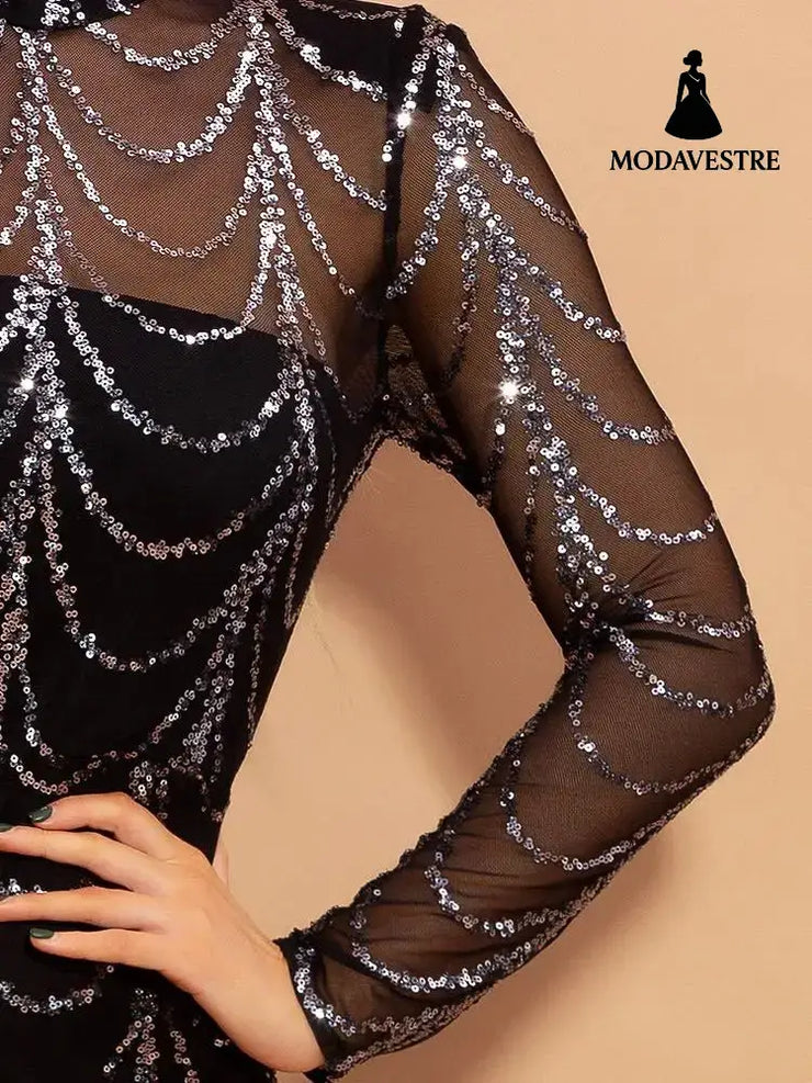 Sequins Women Maxi Dresses Long Sleeve Female Party Dresses