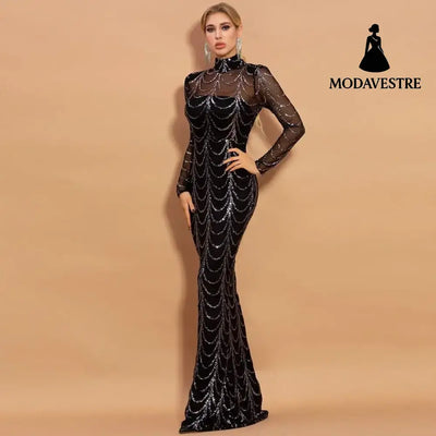 Sequins Women Maxi Dresses Long Sleeve Female Party Dresses