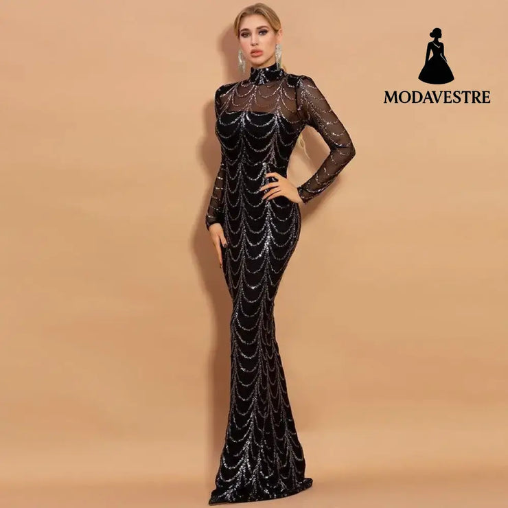 Sequins Women Maxi Dresses Long Sleeve Female Party Dresses