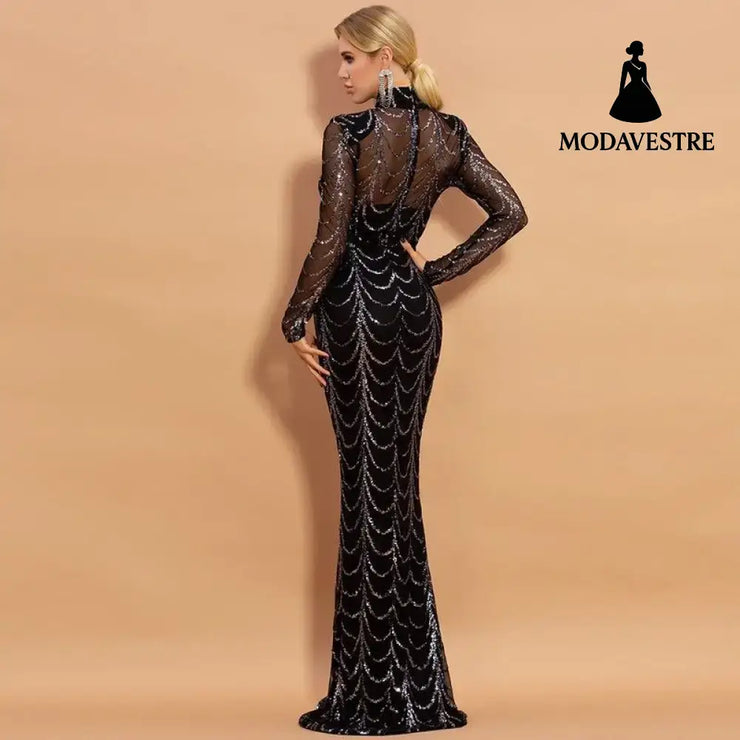 Sequins Women Maxi Dresses Long Sleeve Female Party Dresses