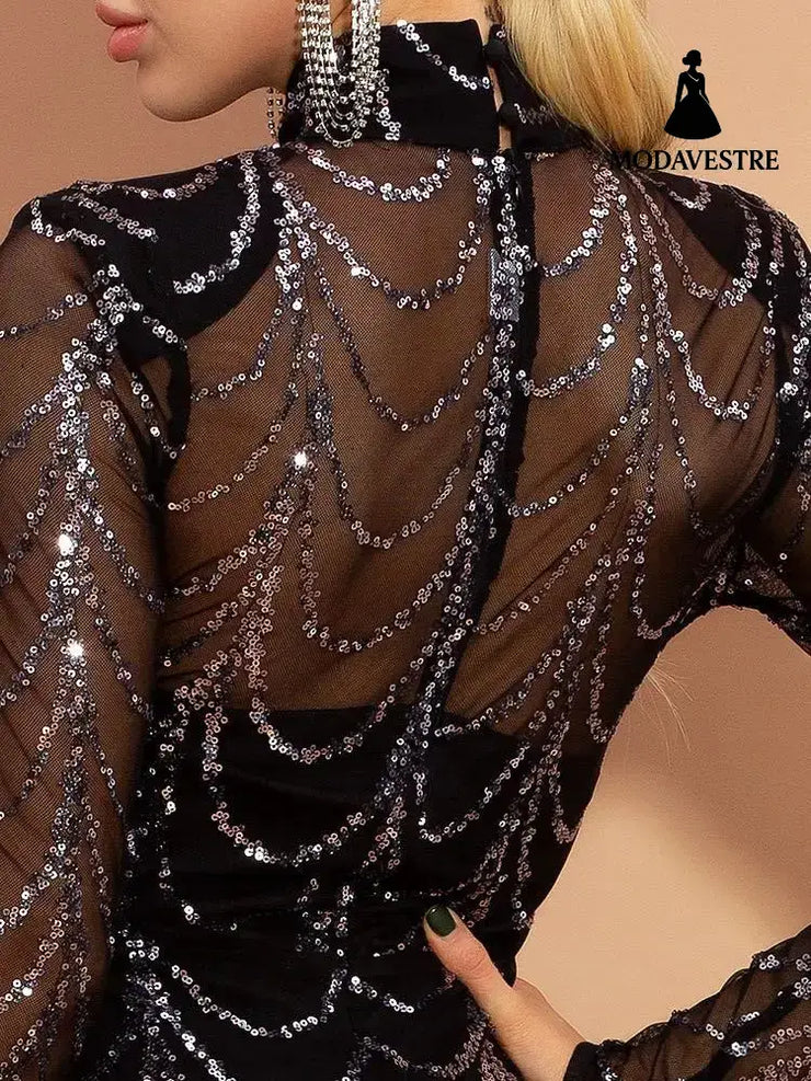 Sequins Women Maxi Dresses Long Sleeve Female Party Dresses