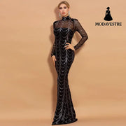 Sequins Women Maxi Dresses Long Sleeve Female Party Dresses Black / L