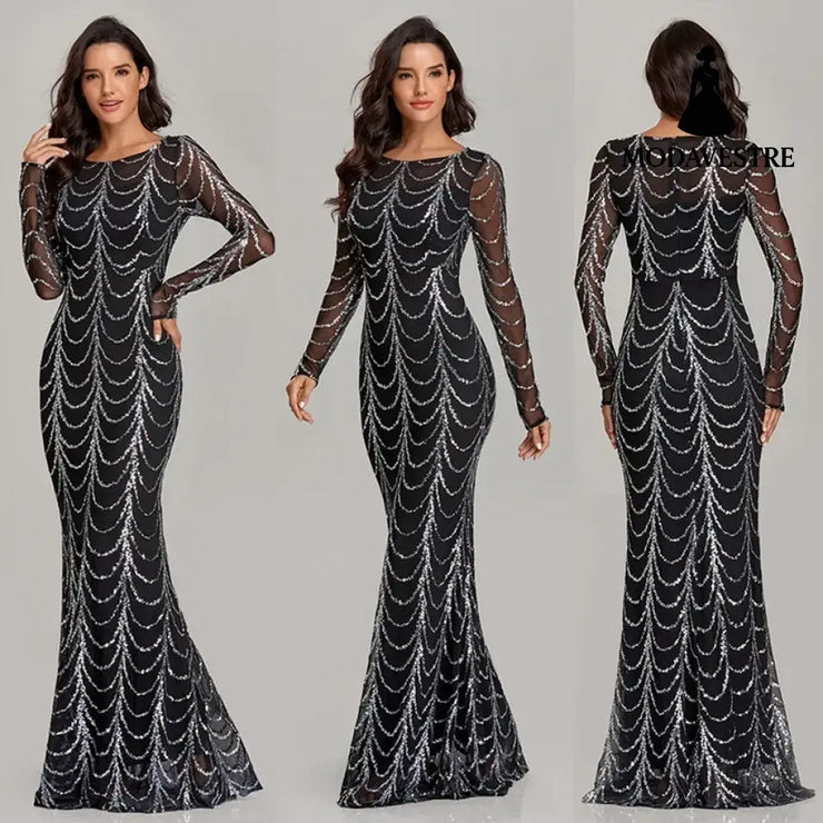 Sequins Women Maxi Dresses Long Sleeve Female Party Dresses Figure1 / L
