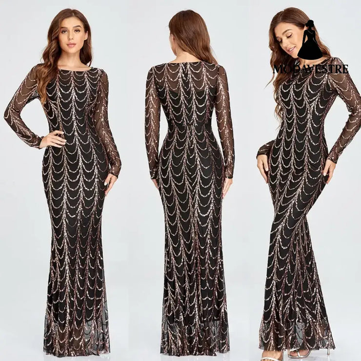 Sequins Women Maxi Dresses Long Sleeve Female Party Dresses Figure2 / L