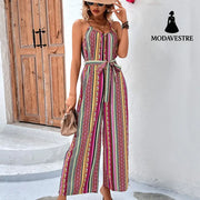 Sexy Women Clothing Loose Casual Striped Spaghetti Strap Cropped Jumpsuit