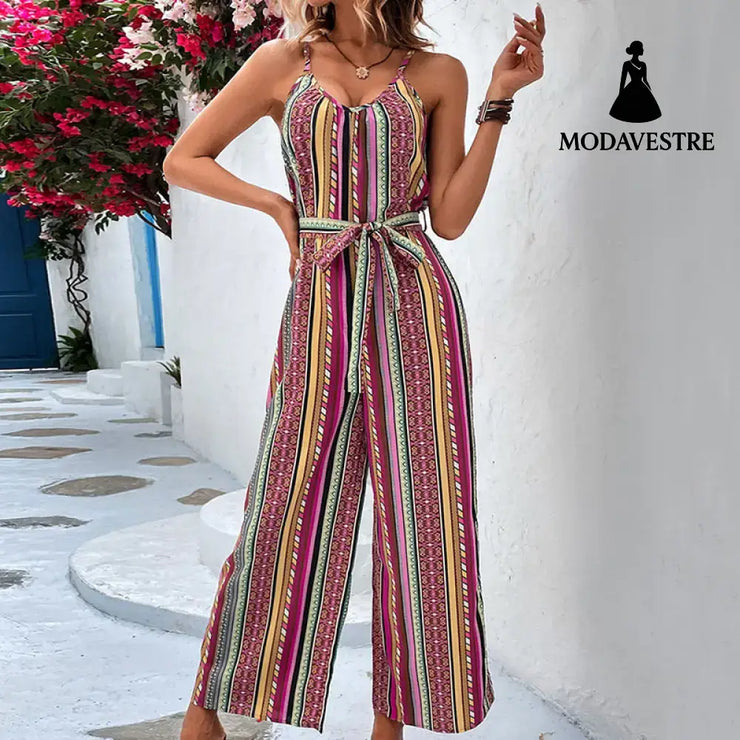 Sexy Women Clothing Loose Casual Striped Spaghetti Strap Cropped Jumpsuit