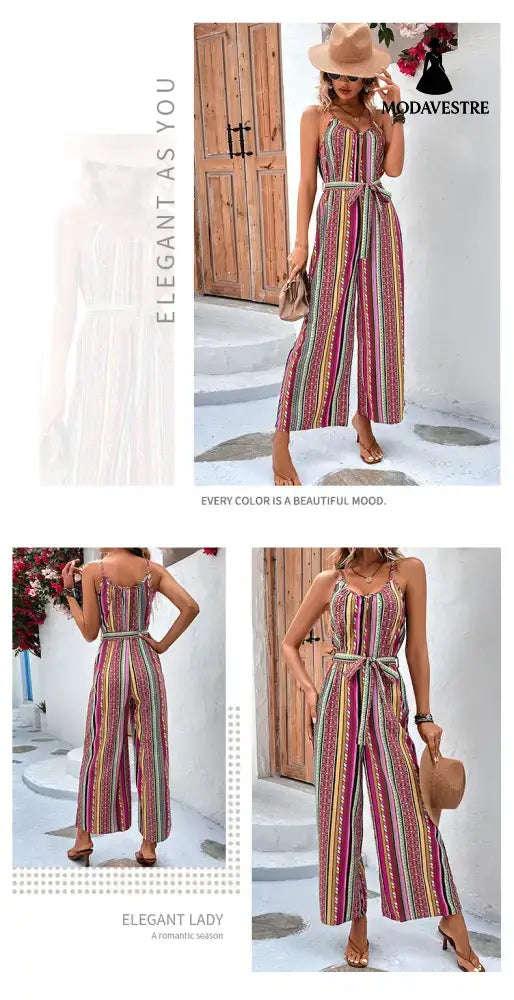 Sexy Women Clothing Loose Casual Striped Spaghetti Strap Cropped Jumpsuit