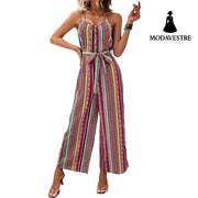 Sexy Women Clothing Loose Casual Striped Spaghetti Strap Cropped Jumpsuit L / Purple