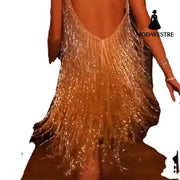 Sexy Women Clothing V-neck Strap Gold Glitter Tassel Sequins Dress