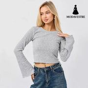 Short Cropped Cropped Flared Sleeve Round Neck T-shirt T-shirt