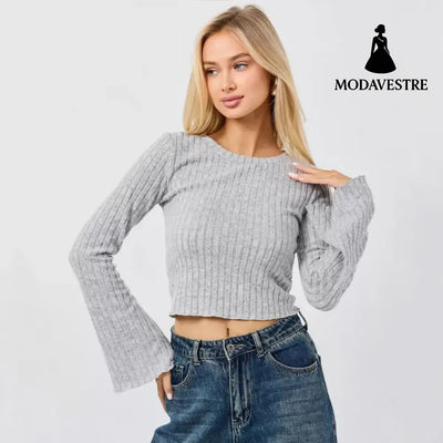 Short Cropped Cropped Flared Sleeve Round Neck T-shirt T-shirt