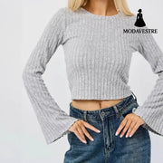 Short Cropped Cropped Flared Sleeve Round Neck T-shirt T-shirt