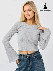 Short Cropped Cropped Flared Sleeve Round Neck T-shirt Light Gray / L T-shirt