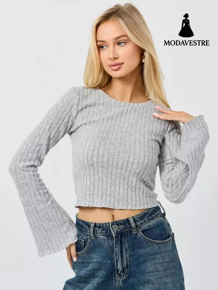 Short Cropped Cropped Flared Sleeve Round Neck T-shirt Light Gray / L T-shirt