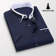 Short-sleeved Short Sleeve Men Clothing Shirt Slim-fitting Iron-free Casual Dark Blue / 2XL Shirt