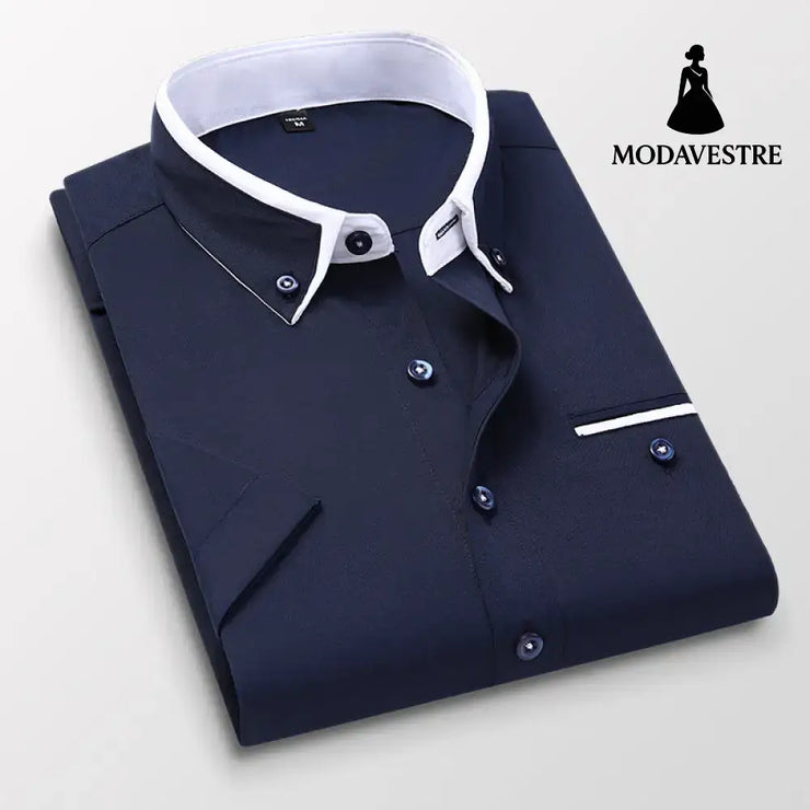 Short-sleeved Short Sleeve Men Clothing Shirt Slim-fitting Iron-free Casual Dark Blue / 2XL Shirt