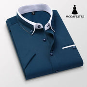 Short-sleeved Short Sleeve Men Clothing Shirt Slim-fitting Iron-free Casual Diamond Blue / 2XL Shirt